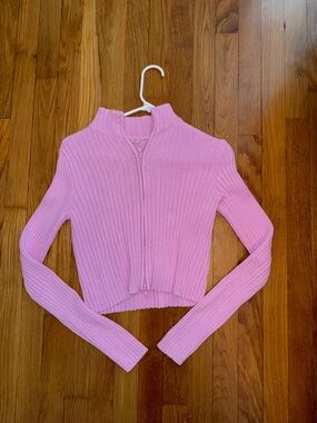 Brandy Melville Pink Ribbed Zip-Up Sweater